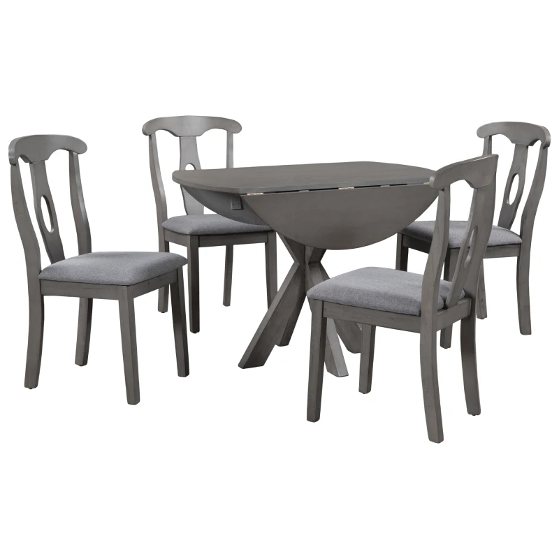 Кръгла маса в селски стил от 5 теми, кухненски мебели, с окачени створкой и 4 меки обеденными столове, сив