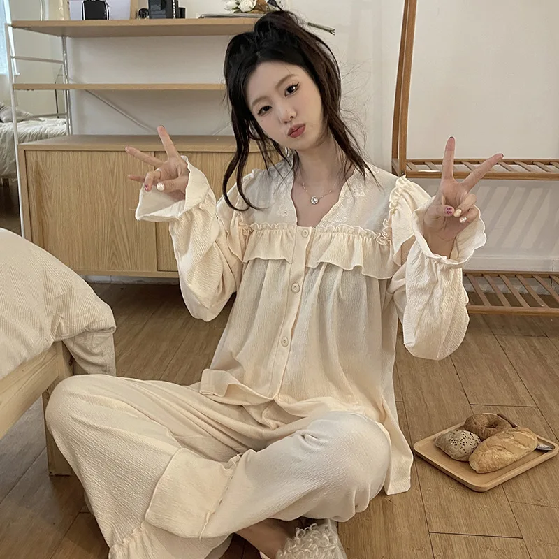 Памучен однотонная пижама за пролет, пижами с дълъг ръкав за жени, корейски костюми за сън, дамски домашно облекло, спално бельо