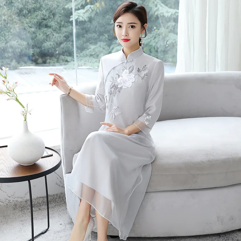 2023 Лятото ново шифоновое рокля-Чонсам с бродерия, модни темпераментен елегантна пола с дължина над коляното са в ретро стил, корейската вечерна пола
