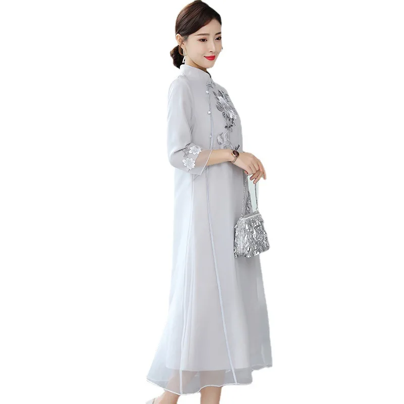 2023 Лятото ново шифоновое рокля-Чонсам с бродерия, модни темпераментен елегантна пола с дължина над коляното са в ретро стил, корейската вечерна пола