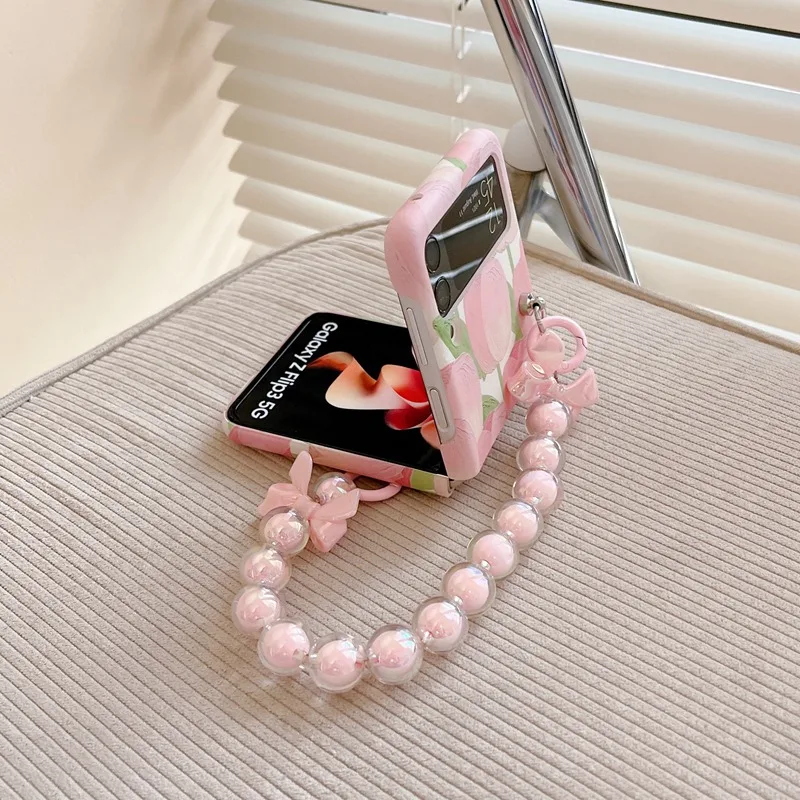 Гривна с розови лалета Сладък калъф за телефон Samsung Galaxy Z Flip 3 Ръчно верига Z Flip 4 калъф