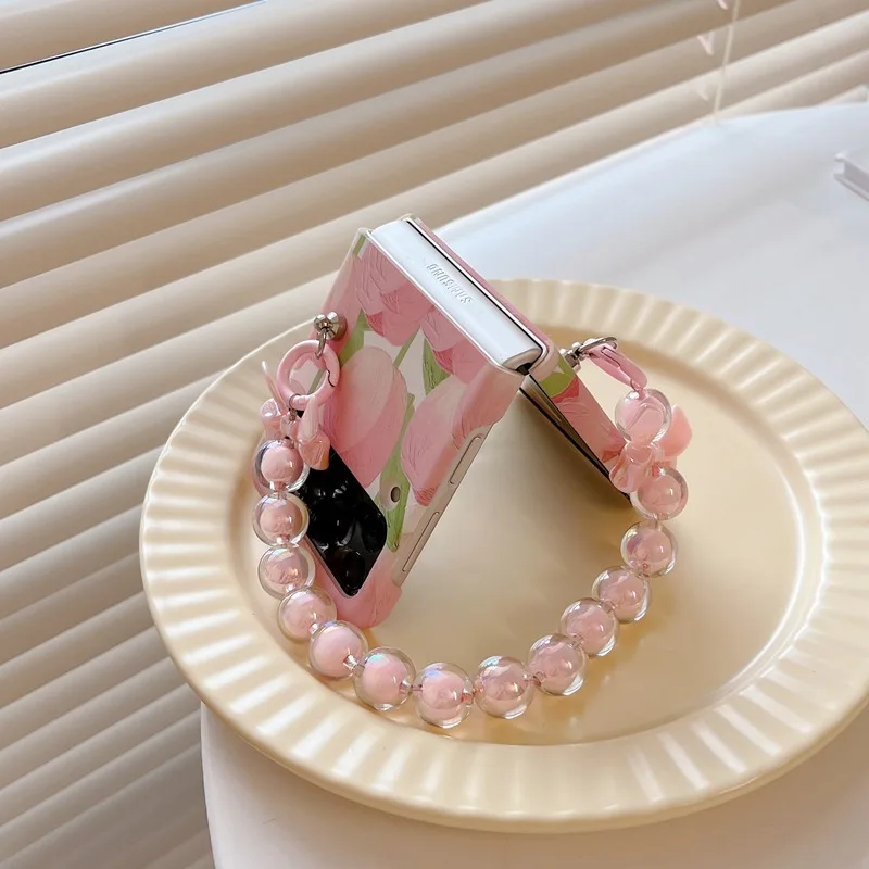 Гривна с розови лалета Сладък калъф за телефон Samsung Galaxy Z Flip 3 Ръчно верига Z Flip 4 калъф