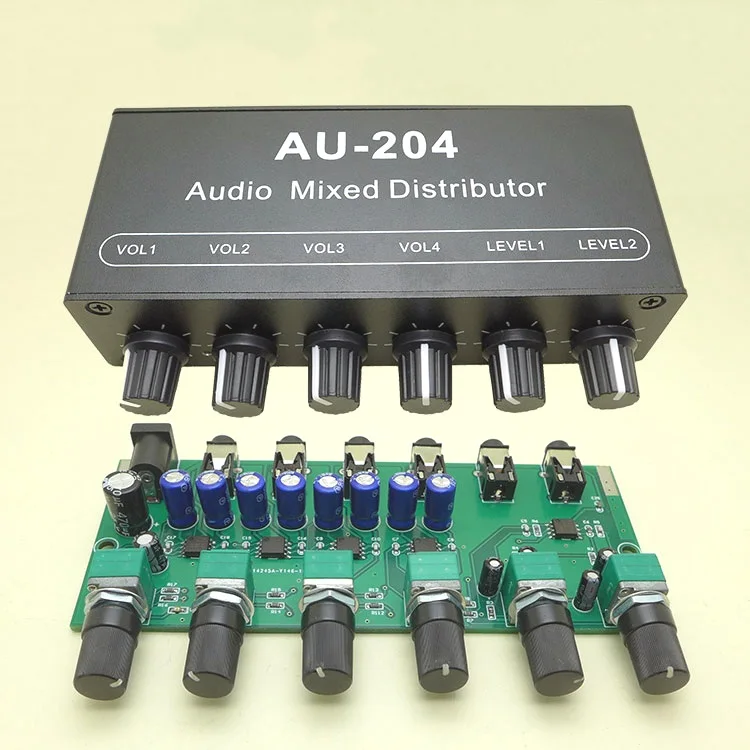 AU-204 Стерео аудиомикшер, кран, Превключвател за избор на сигнала, 2 входа, 4 изхода, 3,5 мм, Индивидуално управление на Усилване слушалки