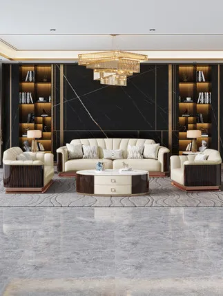 Гореща разпродажба Модерен светъл луксозен диван за вили в европейската хола, комбиниран кожен диван, мебели от масивно дърво за голямо семейство