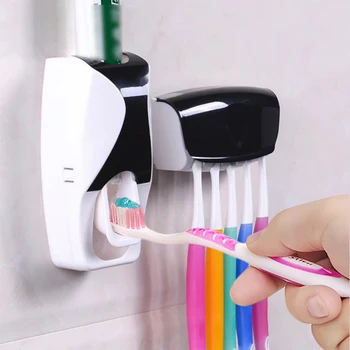 Автоматично Опаковка на паста за зъби, монтиране на стена, прахоустойчив, държач за четка за зъби, монтиран на стената рафтове за съхранение на аксесоари за баня, комплект сокоизстисквачка