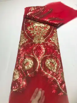 Африканска лейси плат 2023, най-новата индийска тъкан сари от червено злато, благородна тюлевая лейси плат с пайети за сватбена рокля YYZ239