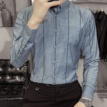 Бизнес ежедневни модни свободни ризи с отложным яка и копчета, в ивица, официалната комфортен пролетно-летни мъжки дрехи с дълъг ръкав