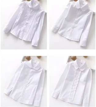 Бяла блуза за момичета, есента дрехи от мек памук, с дълги ръкави, дрехи за малките момичета, базова риза с рюшами и яка, училищни дрехи за момичета