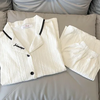 Бяла Пижами, дамски летни памучни шорти с къс ръкав, костюм за момичета, корейската версия, всекидневни прост, може да се носи извън дрехи за дома