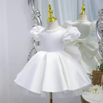Бяло атласное рокля с цветя модел за момичета, расшитое мъниста, с голям нос, вечерна рокля за бала, с кръгло деколте и пищни ръкави, рокли за изказвания от 2 до 10 години