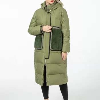 В продажба дълго палто на утином топола от кожа на норка 2023 с качулка зелен цвят, тънка дамски зимни плат 210904