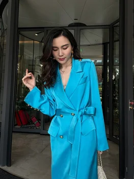 Висококачествено Daphni Blue light, луксозно елегантно дамско дълго палто, двубортный костюм, яка, вратовръзка, тънък и темпераментна тренч.