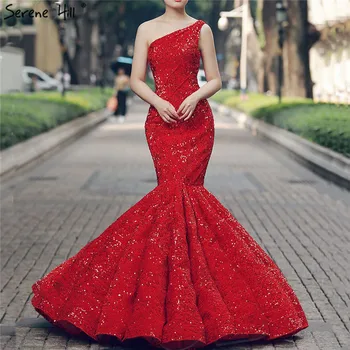 Големи Червени секси сватбени рокли с едно рамо 2023, Ново модно бельо сватбена рокля Mermiad с пайети, реална снимка 66574