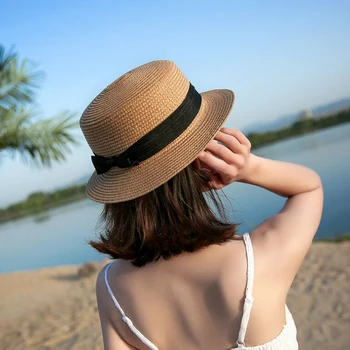 Дамска сламена шапка с широка периферия, солнцезащитная плажна шапка, сламена шапка с лък, ежедневни дамски панама с плосък покрив