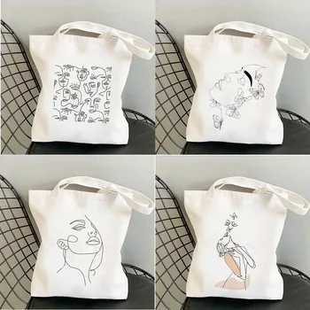 Дамска чанта с шарките на линиите на лицето Kawaii, женствена чанта за пазаруване, холщовая чанта за пазаруване в стил Харадзюку, чанта за момичета