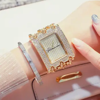 Дамски дизайнерски часовници на марката, луксозни кристални златни часовници с диаманти, квадратни дамски ръчни часовници, дамски часовници за момичета Dameshorloge