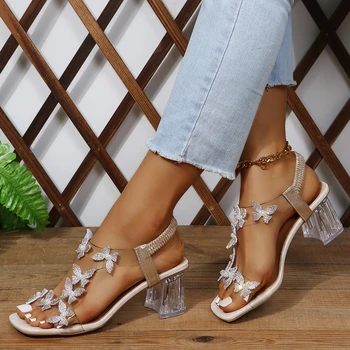 Дамски летни нови модни дамски сандали с блестящи цветове-пеперуди, прозрачни сандали с отворени пръсти, дамски обувки