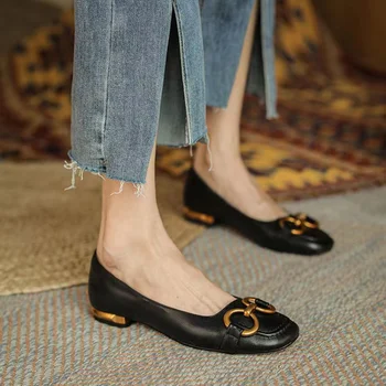 Дамски луксозни Обувки на нисък ток в британския ретро стил с метална катарама, Велур/кожа Лоферы без обков с квадратни пръсти, Zapatillas Mujer