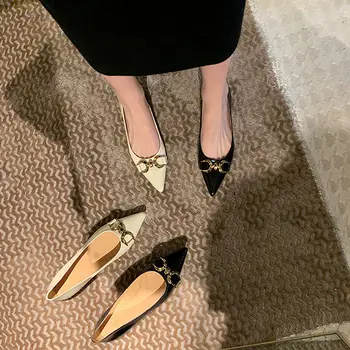 Дамски обувки на плоска подметка с остри пръсти; новост 2023 г.; фини обувки; сезон пролет-есен; женски френски обувки на плоска подметка; лоферы; луксозен дамски обувки;