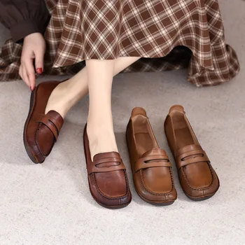 Дамски обувки на плоска подметка от естествена кожа, дантела, в ретро стил, дантела, Меки балет апартаменти на ниски токчета, Дамски Кожени Обувь2023, Дамски обувки