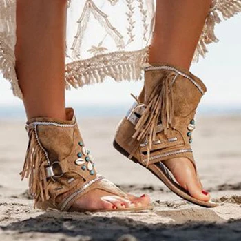 Дамски обувки на танкетке с ресни и цветя модел в стил ретро 2023, плажни ежедневни сандали от флока, дамски летни сандали-чехли