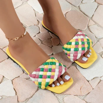 Дамски обувки; колекция 2023 г.; Дамски чехли на равна подметка с квадратни пръсти; Плажни чехли; Улични Модни Каре чехли; женски Zapatillas