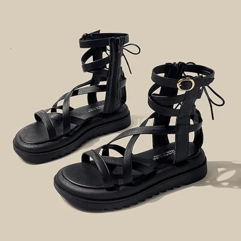 Дамски римски сандали на равна подметка, на новост на лятото 2023, висока меки долните колани, римска обувки в приказен стил, кухи модни сандали на платформа