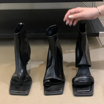 Дамски сандали на токчета, Ботуши, Обувки 2023, дизайнерски дамски обувки, модни обувки-лодки, с отворени пръсти и мълнии, дамски обувки на високи токчета