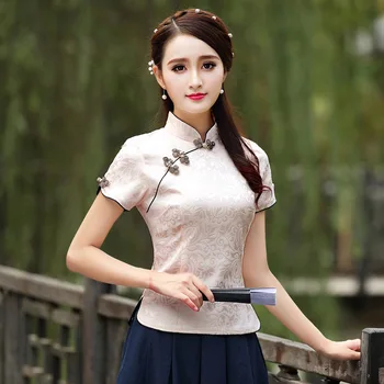 Дамски сатен риза Оверсайз в китайски стил, дамски празнична блуза Ципао, Летни дрехи Hanfu с къс ръкав, ретро тънък топ Tang 3XL