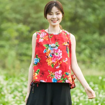 Дамски свободни тениски с флорални принтом в китайски стил, ретро кратък жилетка на бретелях, Дамски Потници без ръкави, Риза 2020