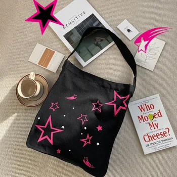 Дамски чанта през рамо с шарени розови звезди, големи вместительные женски холщовые чанти за пазаруване, готина женска чанта за студентски книги, пътни чанти