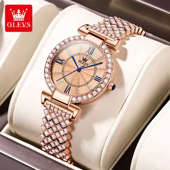 Дамски часовници OLEVS, модни оригинални кварцови ръчни часовници за дами, римски циферблат, ослепителен диамант, водоустойчив, блясък, лукс, нови