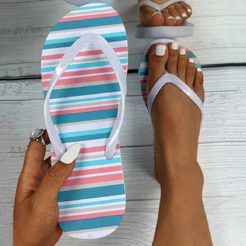 Дамски чехли на равна подметка в ивица с принтом, женски улични плажни сандали, летни плажни джапанки, чехли, всеки ден плажни сандали