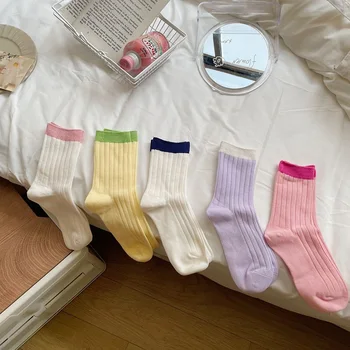 Дамски чорапи, 2 двойки, просто комбинация от цветове, пролет-лято тънки чорапи, с еднакъв размер, ежедневни дишаща средната тръба