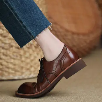 Демисезонная Проста дамски обувки дантела В британския стил, дамски обувки на равна подметка в Ретро стил С кръгла пръсти, Реколта Обувки от естествена телешка кожа върху плоска подметка