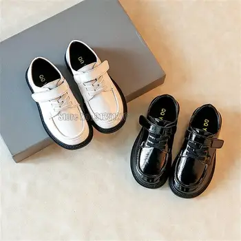 Детска бяла кожена черни обувки с кръгло бомбе в лаконичном стил за момчета и момичета, ежедневни обувки за училищни изяви 26-36 години