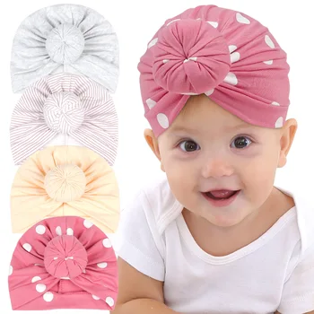 Детска индийски шапчица-тюрбан с принтом в грах, Сладка шапчица с възел за момчета и момичета, превръзка на главата, меки памучни шапки за бебета, детска шапчица-лента за глава