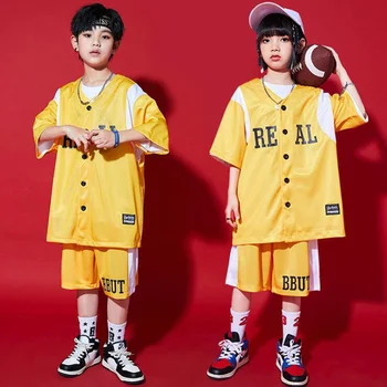 Детски жълто бейзболен жилетка в стил хип-хоп, блузи, ежедневни летни къси панталони за момичета и момчета, комплект за джаз танци, облекло, дрехи