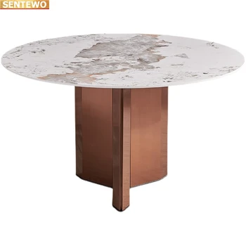 Дизайнерска луксозна кръгла кухня от Мраморни плочи, маса за хранене с 6 стола de mesa jantar табло мебели на мраморна основа от въглеродна стомана