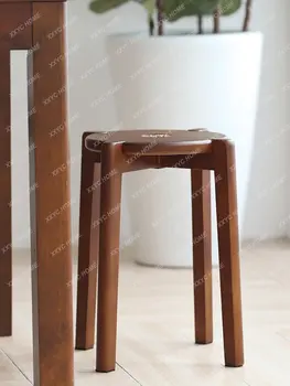 Дървена маса за хранене, столче, кръгла табуретка, домакински дървена пейка, маса за хранене, столче за всекидневната, креативна малка пейка, модерен тоалетка столче за възрастни
