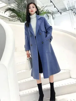 Елегантна двубортное полушерстяное палто Дамско зимно топло дълго ветрозащитное вълна палто Шик улични якета корейската мода