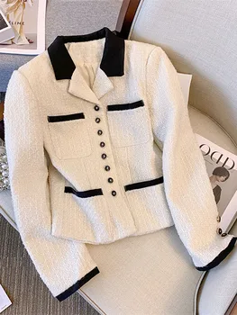 Есенно-зимния женски туид яке в контрастен цвят, офис женски однобортный с джоб, френска вълна универсална връхни облекла в стил ретро