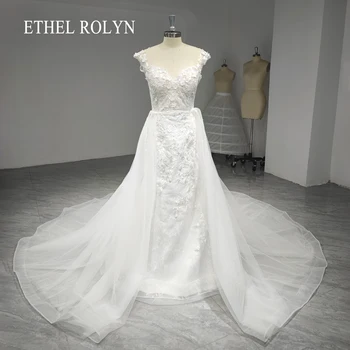 Етел РОЛИН 2 В 1 Сватбени рокли на Русалка за жени 2022, сексуална сватбена рокля с отворен гръб, отделяемое мъниста, с влак и цветове