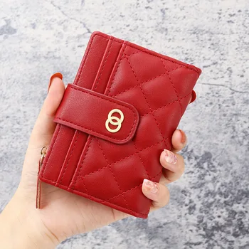 Жена кратък портфейл от изкуствена кожа, в чантата на засове, няколко притежатели на карти, малка чанта с цип, портфейл за монети, черни, червени портмонета за жени