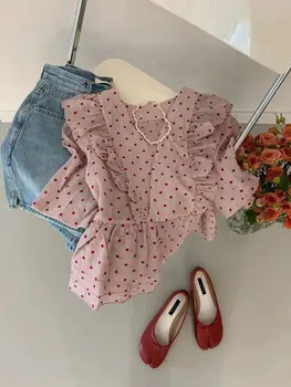 Жена летен костюм Senior Sense of 2023, новата френска сочна розова риза на точки с джинсовыми къси панталони, комплект от две части на Y2K