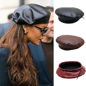Жена Отнема от изкуствена кожа, шапка 2020, Нова мода на улицата, френски художник, топло шапчица-бини, есен-зима, ретро, обикновен черен взема