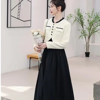 Женски костюм-сако 2023, Комплекти от две части, на корейското модно елегантна черна дълга рокля без ръкави и съкратен топ с отворена предна част, яке, съоръжения