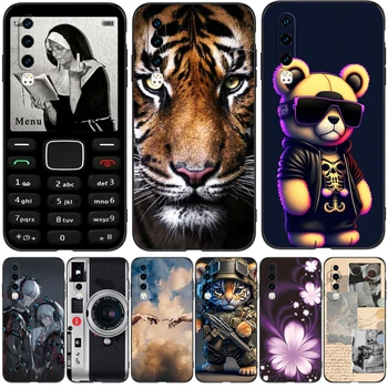 За Huawei P30 Калъф на задната част на кутията на телефона е черен калъф от TPU мечка, тигър сладък лъв