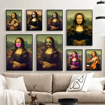 Забавен портрет на Мона Лиза с надуваеми водни балончета, плакати върху платно, стенни художествени картини за коридор, бар, Кът, домашен интериор Cuadros