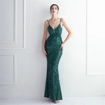 Зелени и дълги рокли за абитуриентски бал с отворен гръб, дължина до пода, бретельки-спагети, Зашеметяващ дамски официални рокли с пайети, В присъствието на Вечерна рокля